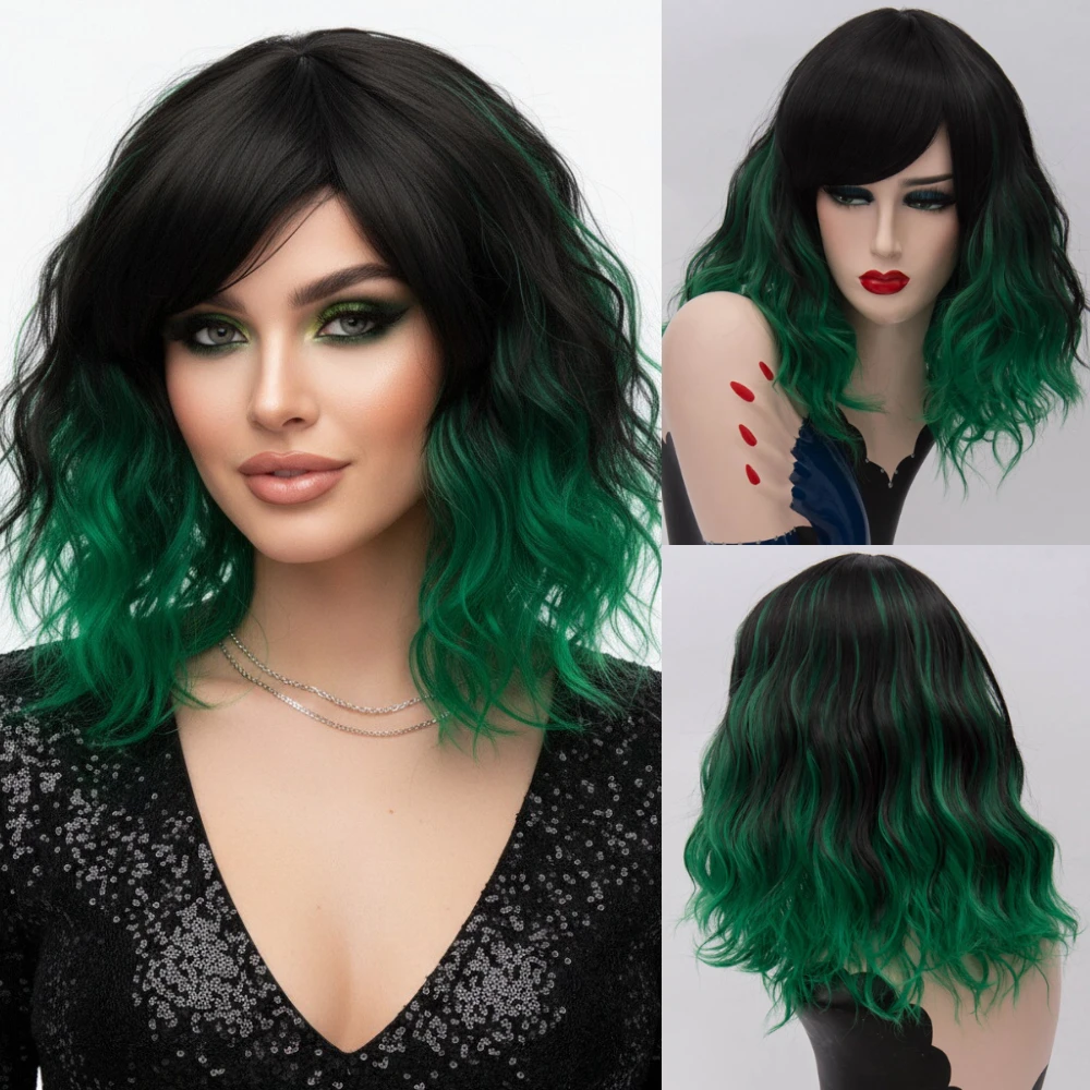 

Short Wavy Green Ombre Black Bob Wig Heat Resistant Low Maintenance Synthetic Hair for Women’s Versatile Cosplay & Daily Parties