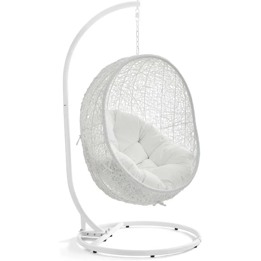 Wicker Rattan Outdoor Patio Porch Lounge Egg Swing Chair Set with Stand in White