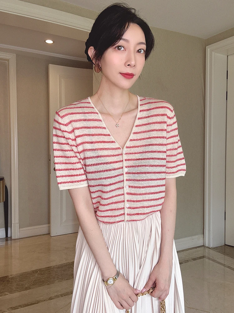 

Двухцветный вязаный свитер ZINCCA с полосками, V-образный вырез, летняя легкая верхняя одежда, смесь шерсти, свободный крой, свитер