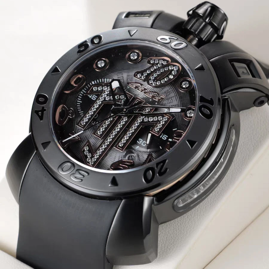 Reef Tiger Men Chronograph Watch 48mm Military Quartz Wristwatch 50M Waterproof Luminous Sapphire Mirror Button Protect