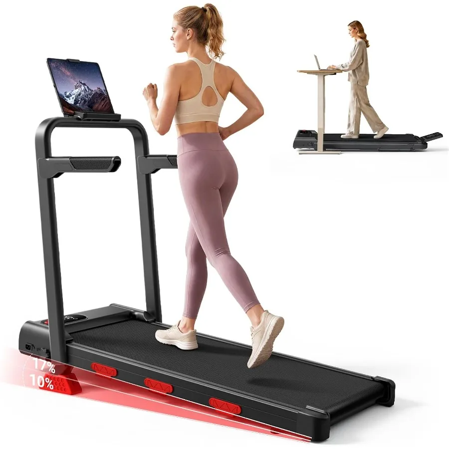 17 Incline Walking Pad Treadmill with Handle Bar for Home Use, Steel Frame, Black, Foldable Quiet Motor