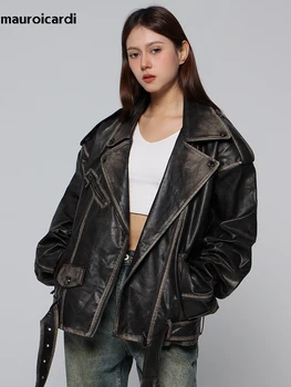 Mauroicardi Spring Cool Handsome Vintage Distressed Black Pu Leather Biker Jacket Men Belt Zipper Loose Unisex Clothes 2024 2 Mauroicardi Spring Cool Handsome Vintage Distressed Black Pu Leather Biker Jacket Men Belt Zipper Loose Unisex Clothes 2024 2