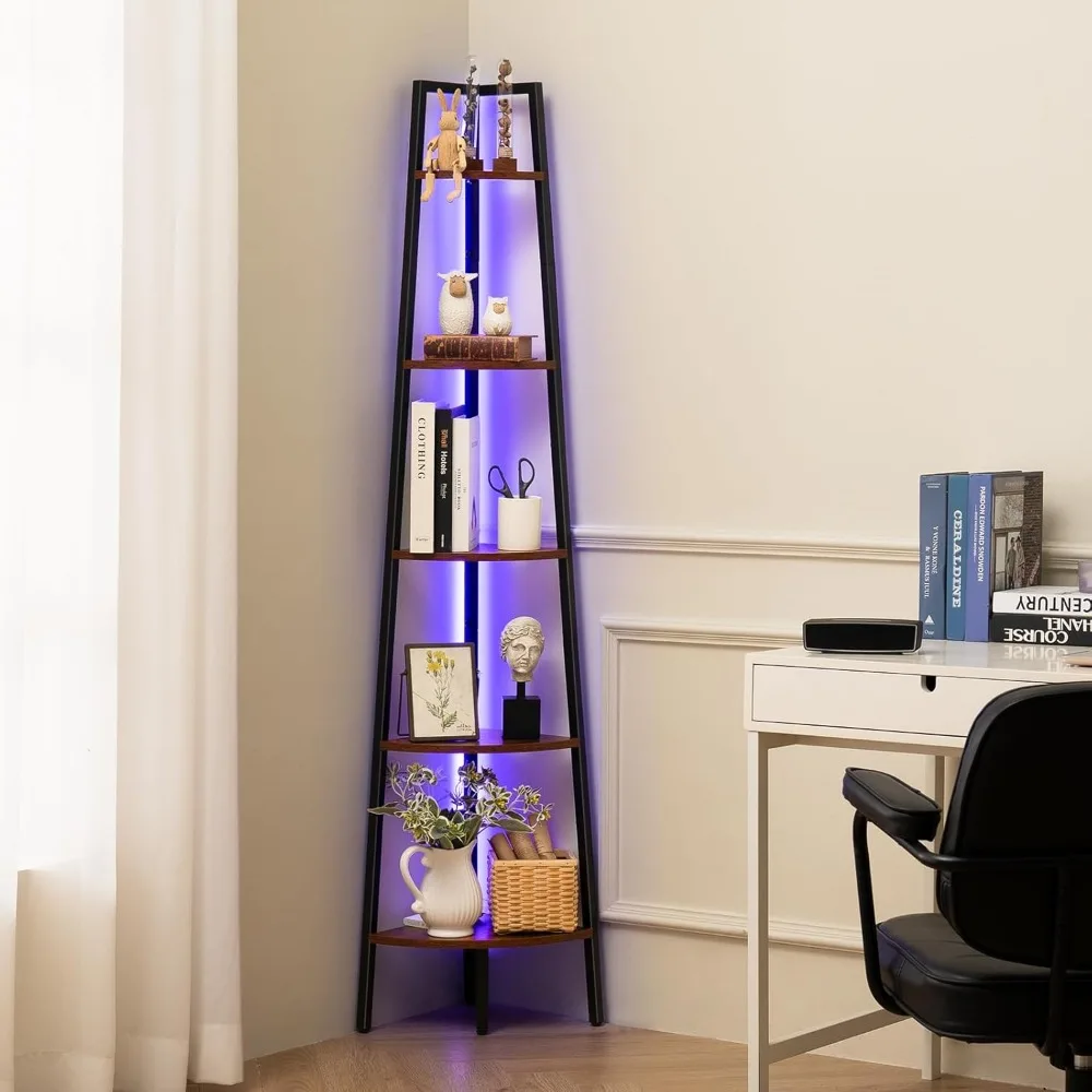 

Corner Shelf Stand,Corner Bookshelf with LED Light Corner Shelves for Bedroom, Tall Corner Book Shelf with Steel Frame