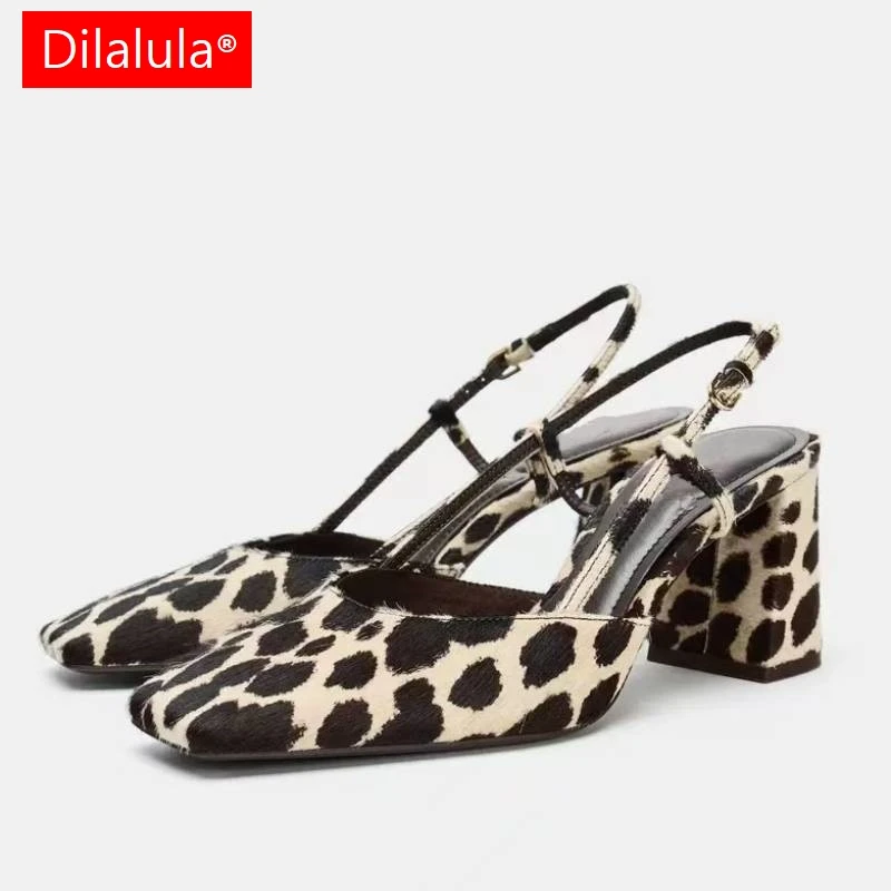 

Dilalula 2026 Horsehair women's Leopard Sandals Covered Toe High Thick Heels Sexy Party Dating Summer Slingback Sandals Lady