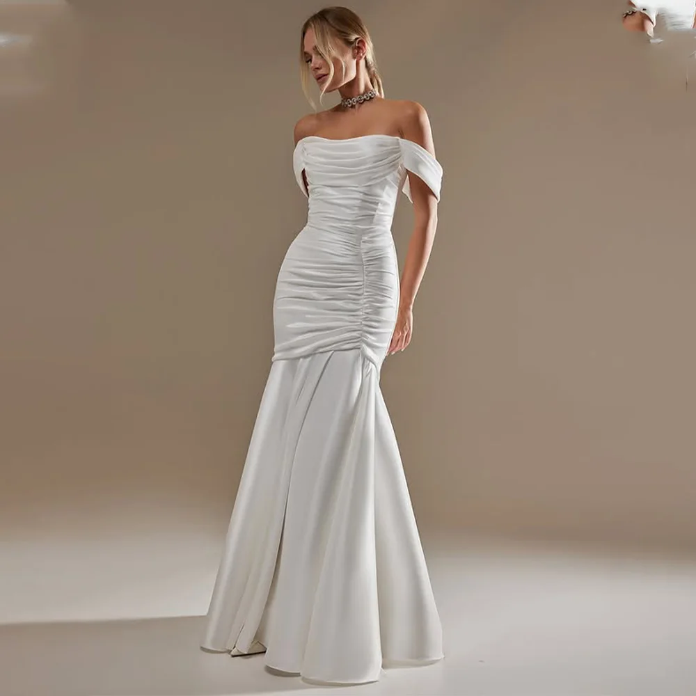 

Simple Off The Shoulder Pleat Satin Mermaid Wedding Dresses Side Slit CUstom Made Bridal Grown 2026 Vestido De Noival
