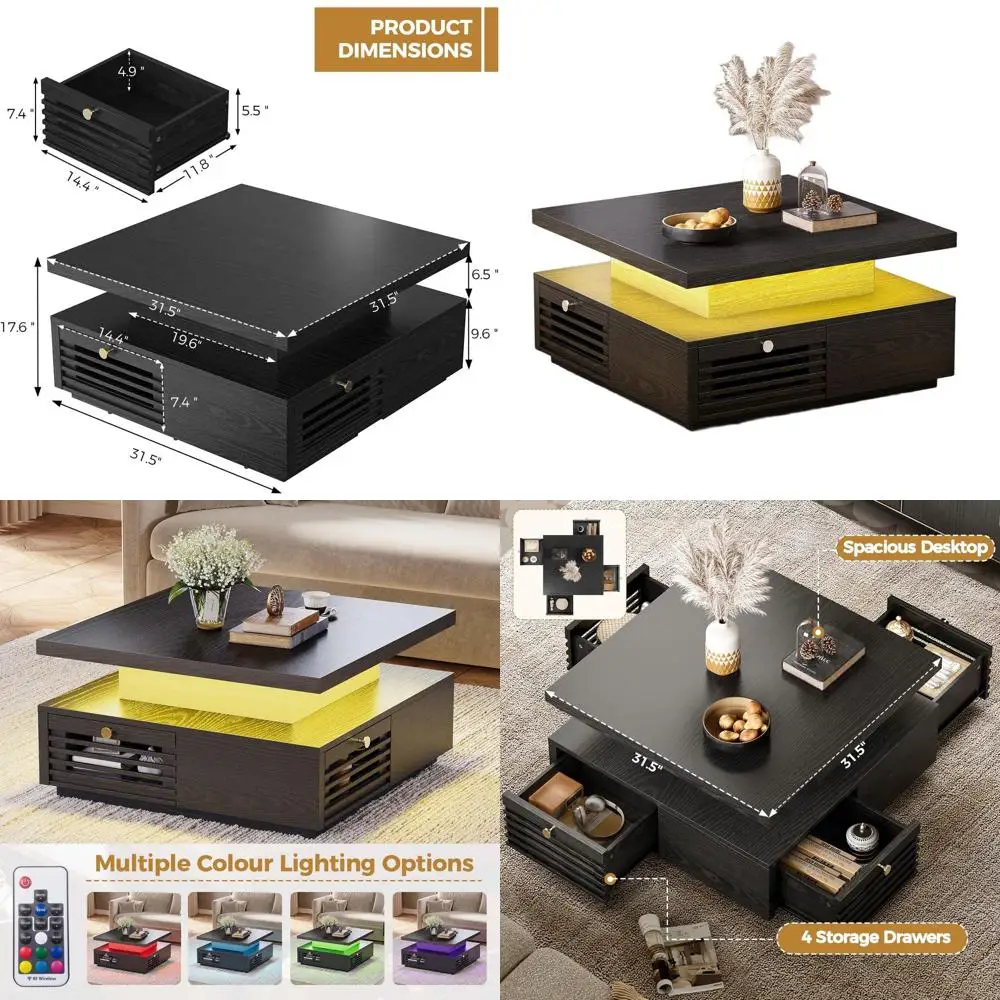 

LED-Illuminated Charging Coffee Table with 4 Drawers, Grille Pattern, Square Design for Living and Office Spaces (Black)