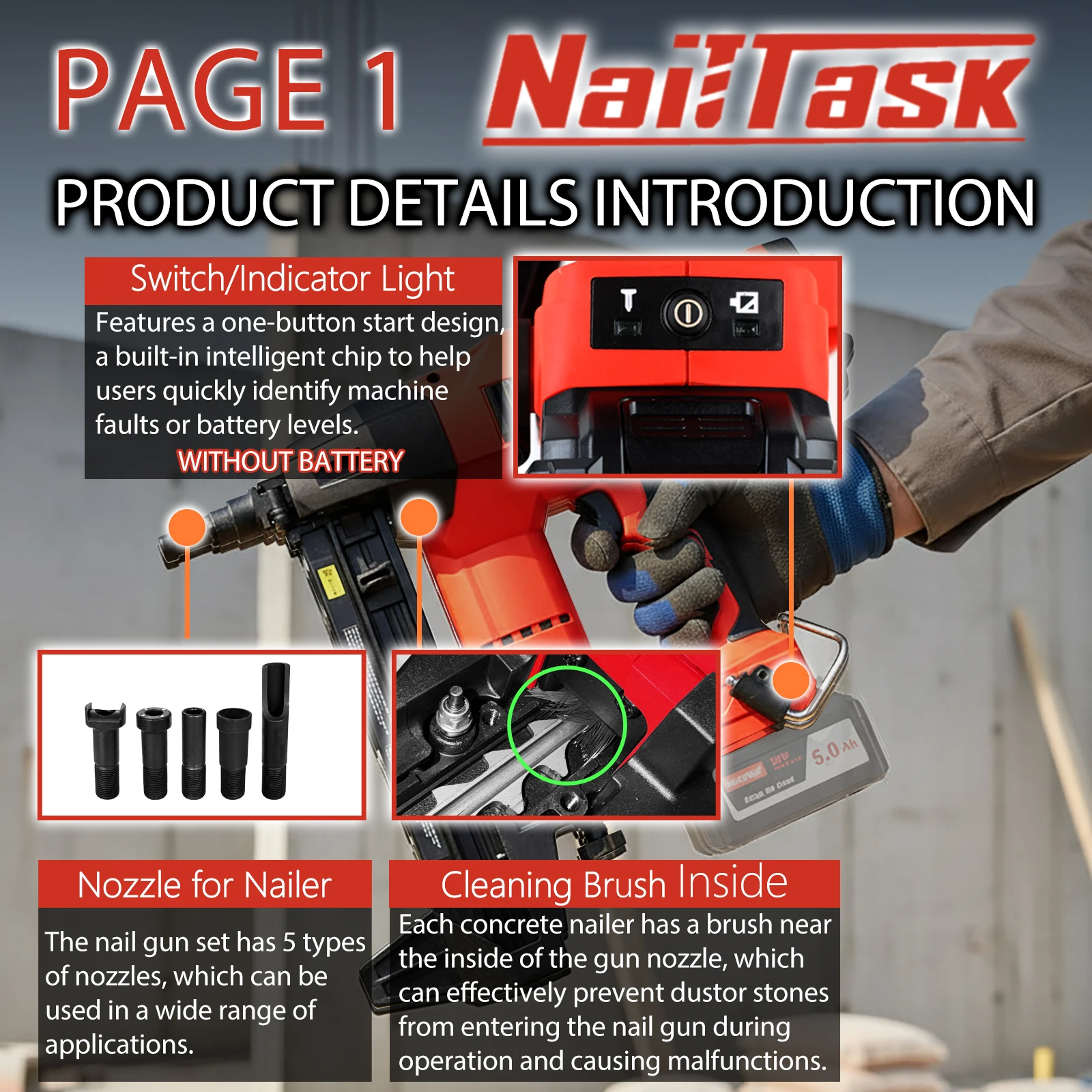 NailTask اللاسلكي مسمار خرسانة كهربائية مع 27 مللي متر الأظافر الثقيلة 20 فولت قوة دبوس بائع المسامير عدة آلة السحابة متعددة الأغراض
