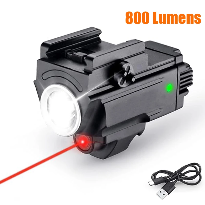 Mini Gun Light Laser Combo 800 Lumens Pistol Flashlight Red Laser Sight Rechargeable LED Torch for Outdoor Hunting Shooting