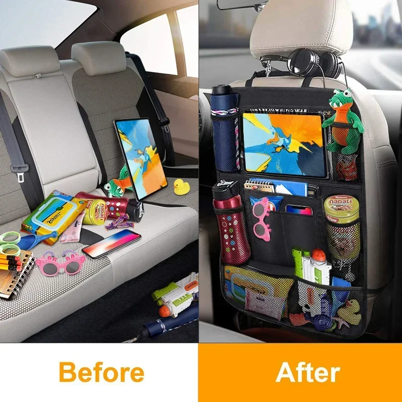 Car Rear Organizer with Touch Screen, Tablet Holder, Auto Storage Pockets Cover, Car Seat Back Protectors, Car Accessories