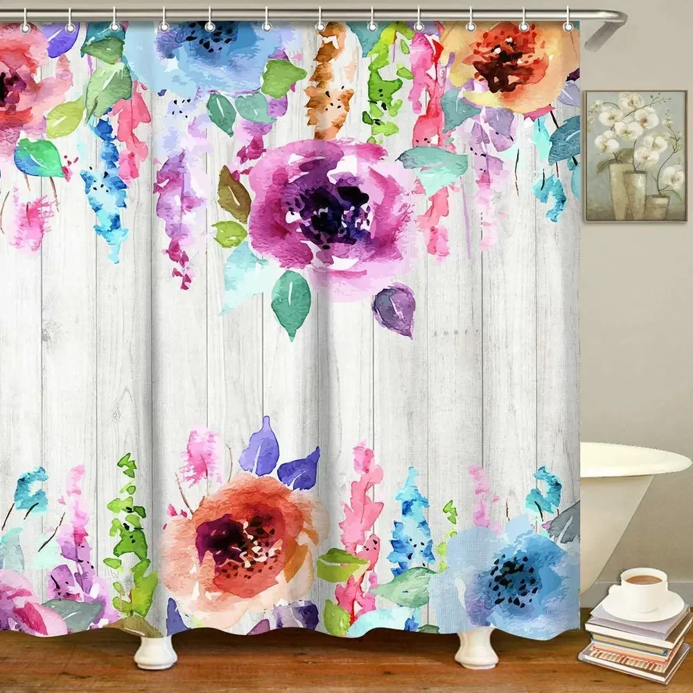 

Цветочная занавеска для душа, красочная Акварельная Цветочная белая деревянная доска, деревенская искусство, ткань шторы с крючками для ванной Decor