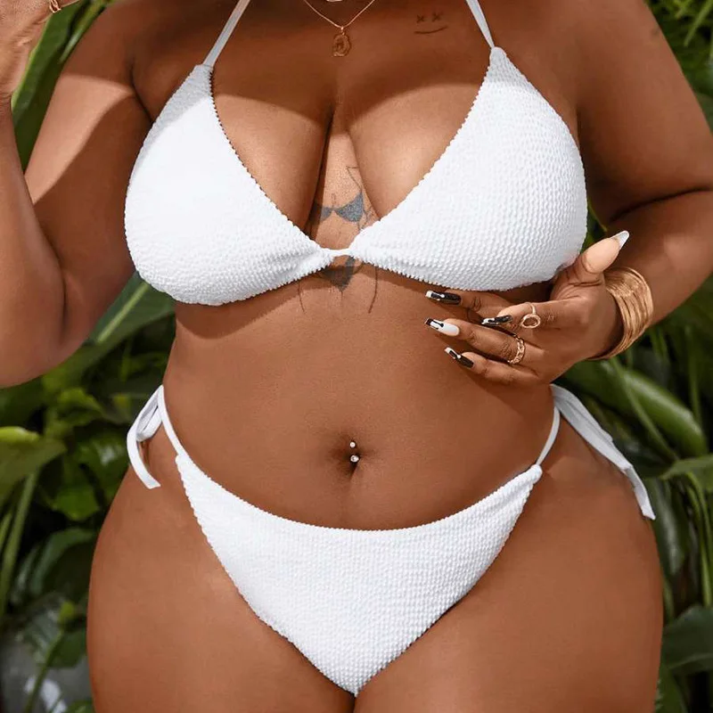 Plus Size Women Sexy Deep V Backless White Bikini Set Neck Hanging Tops Low Rise Swim Bottoms Two-Piece Swimsuit