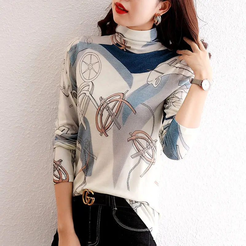 Spring Autumn New Fashion Printing Turtleneck T-Shirts Ladies All-match Slim Knitting Knitting Women Clothing Bottoming Shirt