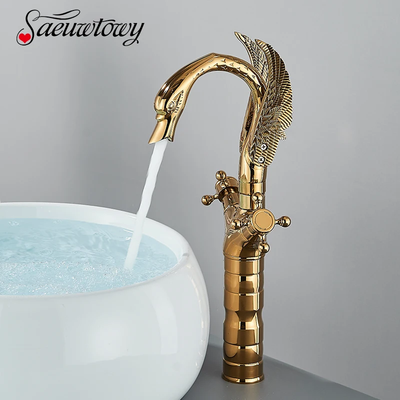 Swan Shape Basin Faucet Bathroom Hot/Cold Water Deck Mounted Washbasin Faucet Dual Handle Mixers Swan Taps