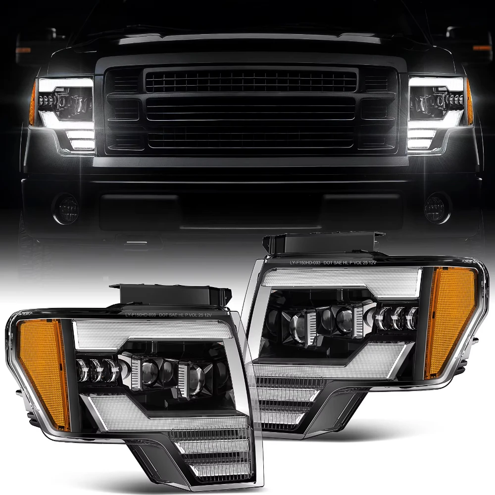 For Ford F150 F-150 2009-2014 LED Headlight Assembly with Amber Reflector Headlamp DRL Turn Signal High/Low beam Running Light
