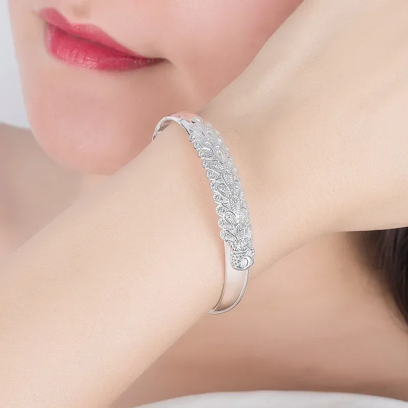 925 Sterling Silver Peacock Opening Screen Bracelet For Women Luxury Designer Texture Open Bracelets Party Original Jewelry Gift