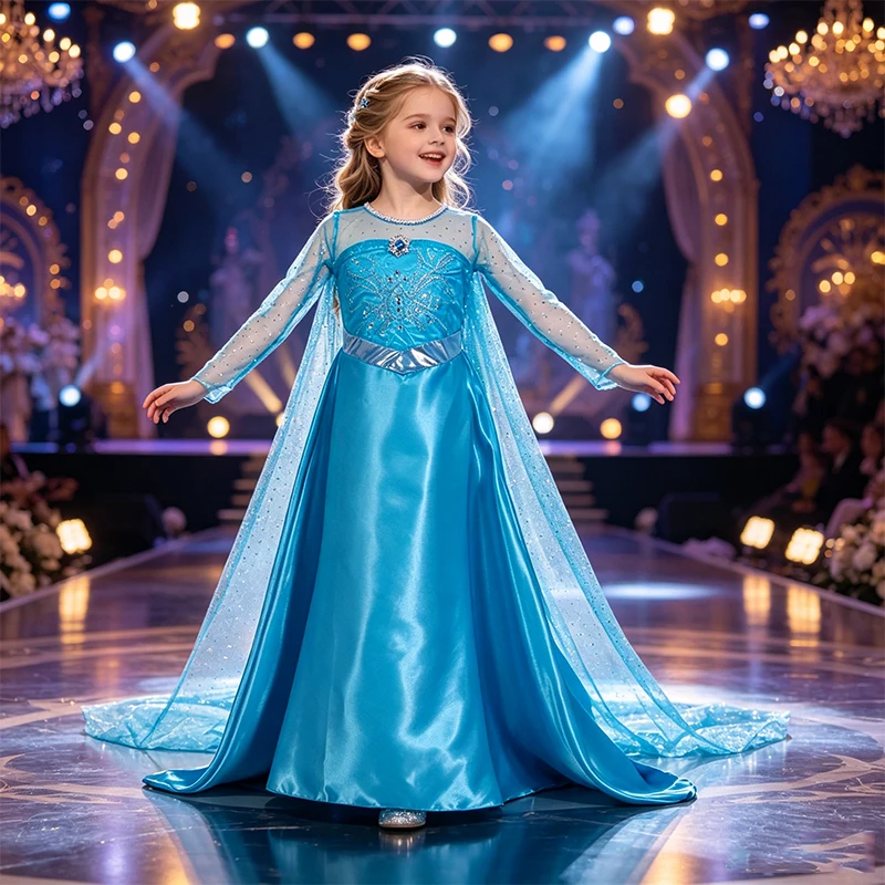 Girls Elsa Inspired Frozen Princess Costume Dress Blue Tulle Gown With Long Train For Halloween Birthday Party Role Play view 2