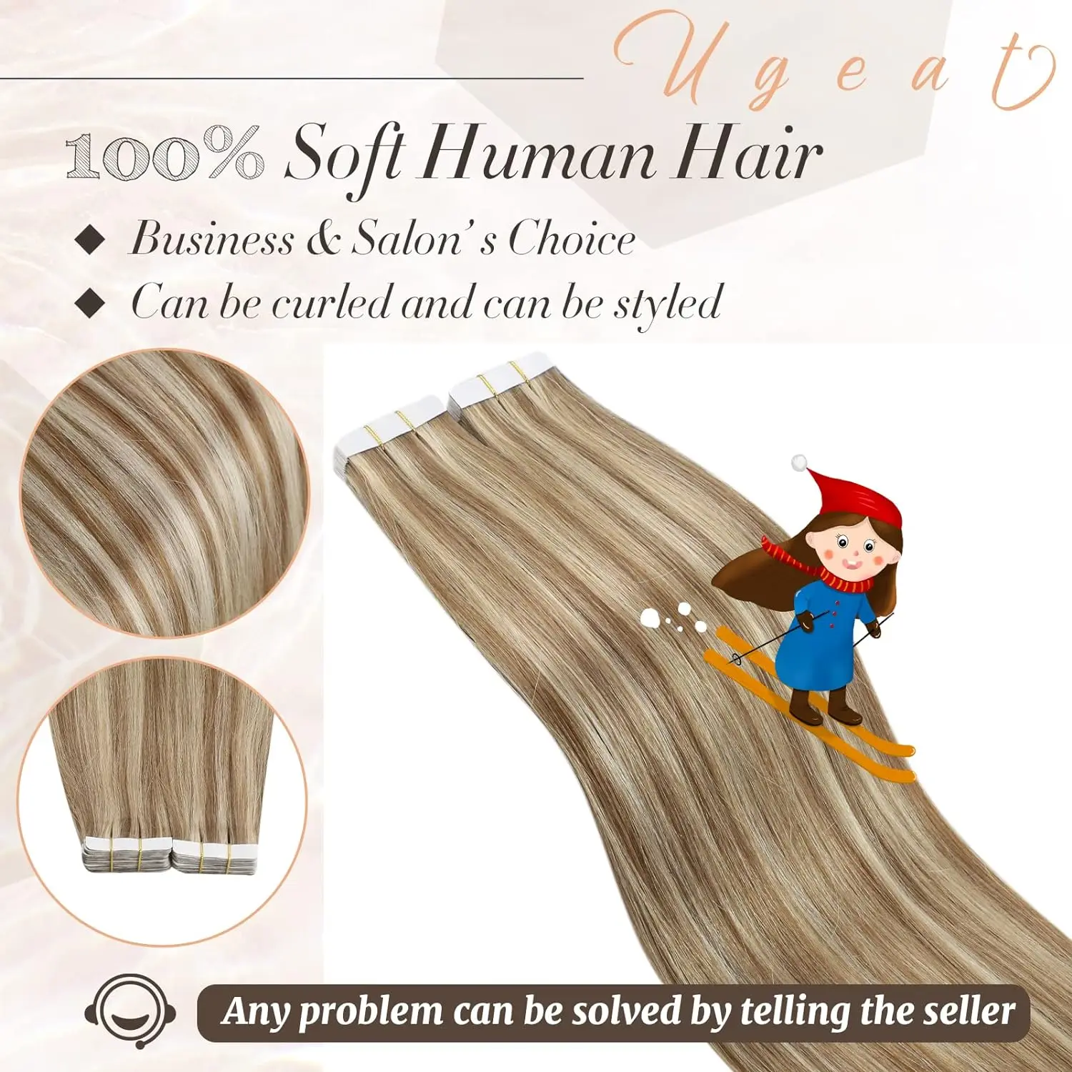 Extensiones de Cabello con cinta Ugeat para mujer, cabello humano liso sin costuras, trama de piel, 40 unids/lote por paquete, 100%