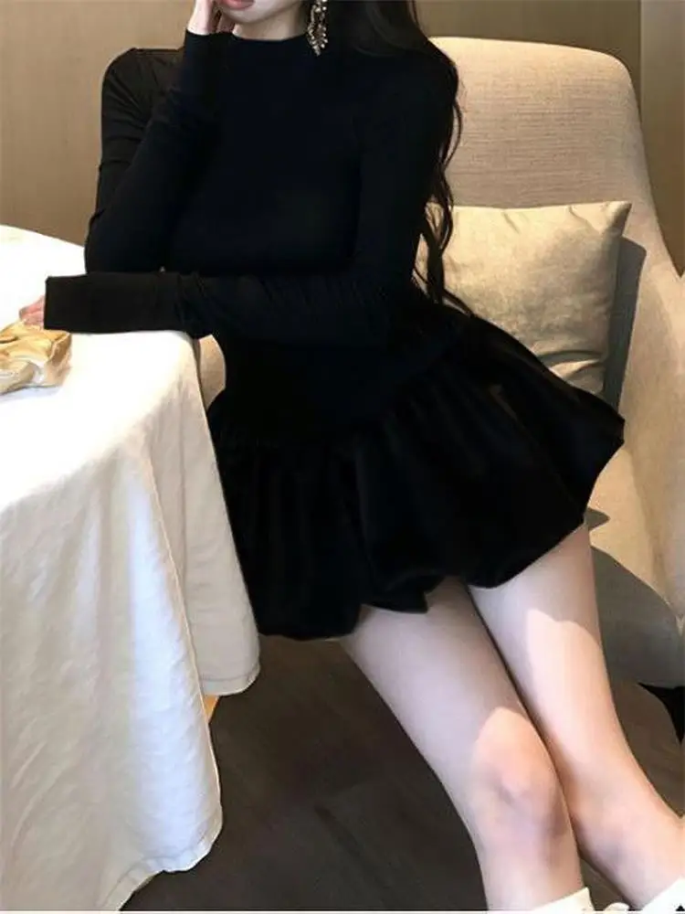 Women Slim Long-Sleeve Dress Half High Collar Puffy Dress Autumn and Winter Party Solid Color Dresses Black Fashion Elegant