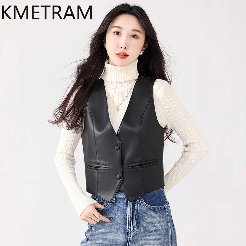 Kmetram echte Schaffell Leder weste für Frauen Frühling Herbst Kleidung vielseitige Tanks 2024 neue Tops Slim Fit Ropa de Mujer