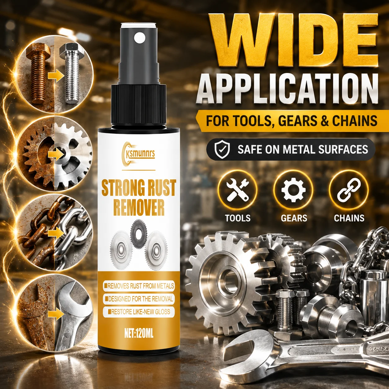 120ml Strong Rust Remover Spray, Wide Application, Safe on Metal, for Tools, Gears, Chains & Hardware