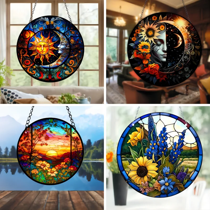 Sun and Moon Suncatcher Outdoor Garden Decoration Round Wall Pendant Home Window Decor Hanging Ornament Acrylic Plate Diy Gift