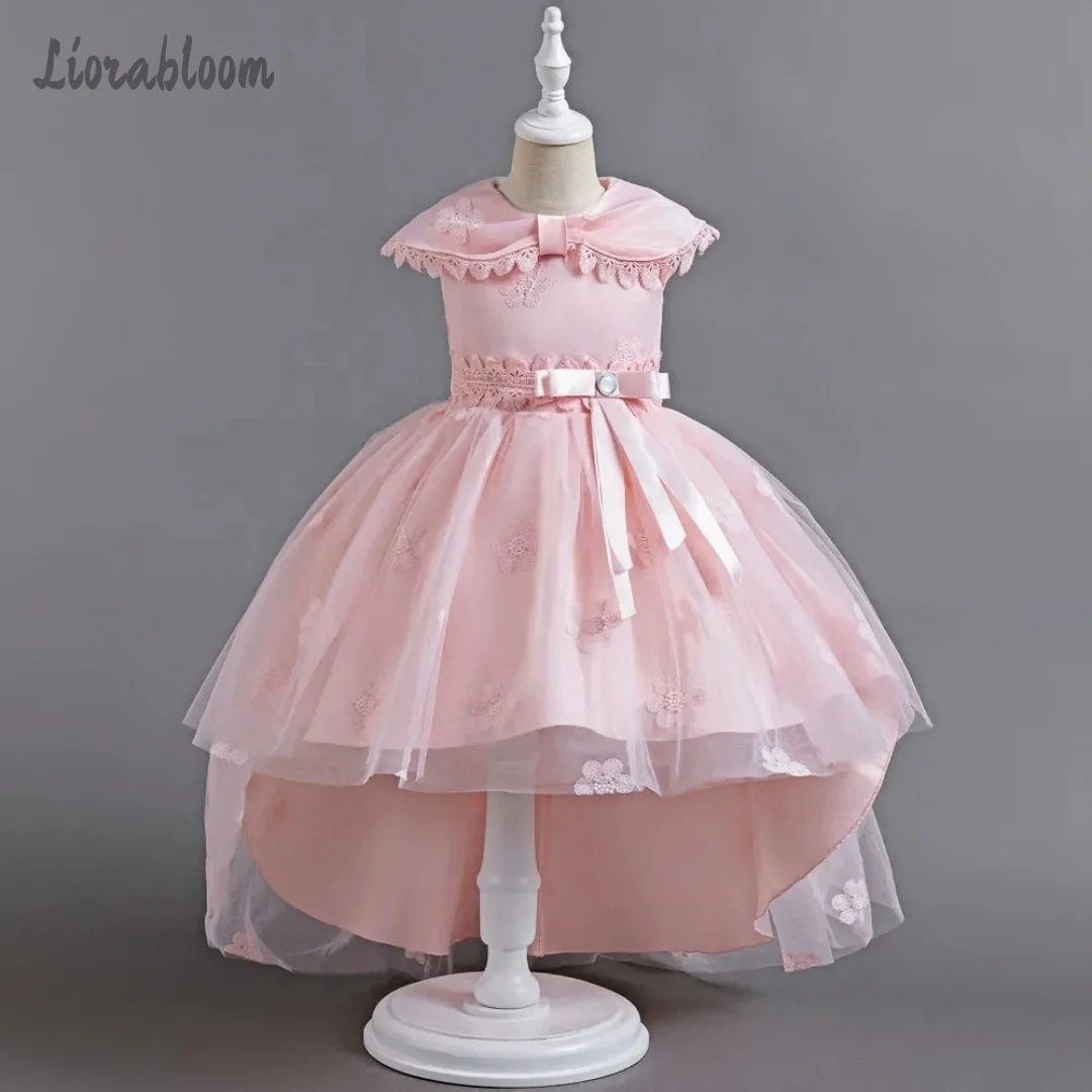 Gaun Formal Pink untuk Anak Perempuan dengan Ekor Panjang Asimetris, Gaun Pesta, Gaun Pengiring Pengantin, Gaun Pernikahan Berbahan Renda