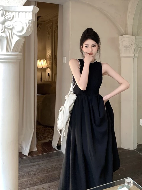 Long fashion black one piece dress