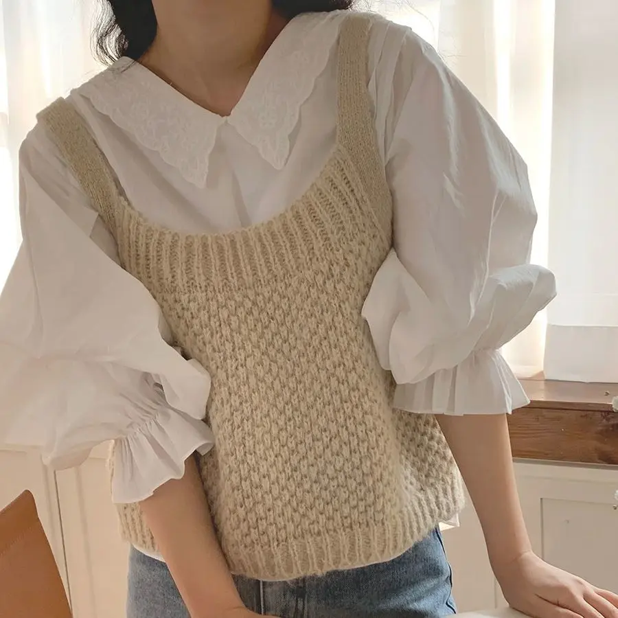 

Women Sweater Vest Sweet Solid Short Sleeveless Tricot Lace-up Designed Jumpers Elegant Spring Fall Retro All-match French Style