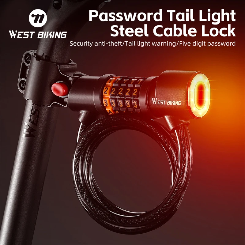 

WEST BIKING Bicycle Cable Lock With Taillight MTB Road Bike Anti-theft Safety Lock 5 Digit Password Motorcycle E-bike Lock