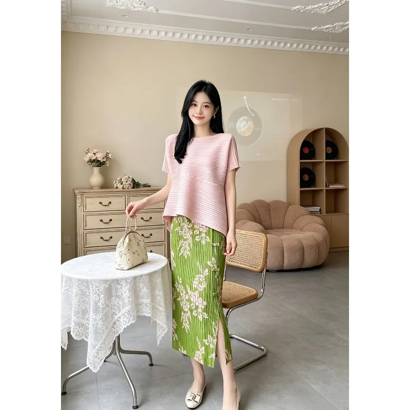 Miyake Pleated New Original 2026 Pleated Chinese Style Button Skirt Printed Pleated Skirt Fashionable Bodycon Slit Summer Skirt