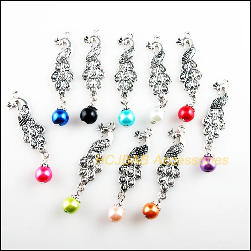 10Pcs Tibetan Silver Plated Animal Peacock Mixed Glass Beads Charms Pendants 12.5x50mm