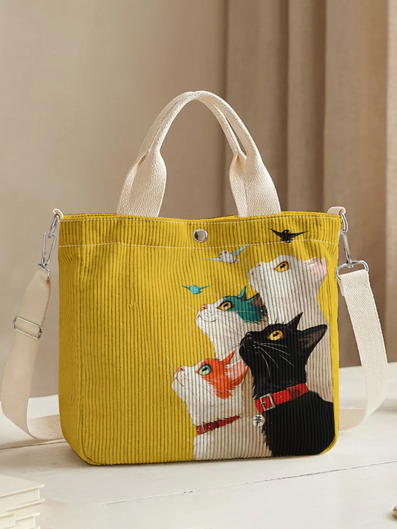 Cute Multi Cats Print Tote Bag Removable Shoulder Strap Handbag For Shopping Daily Use