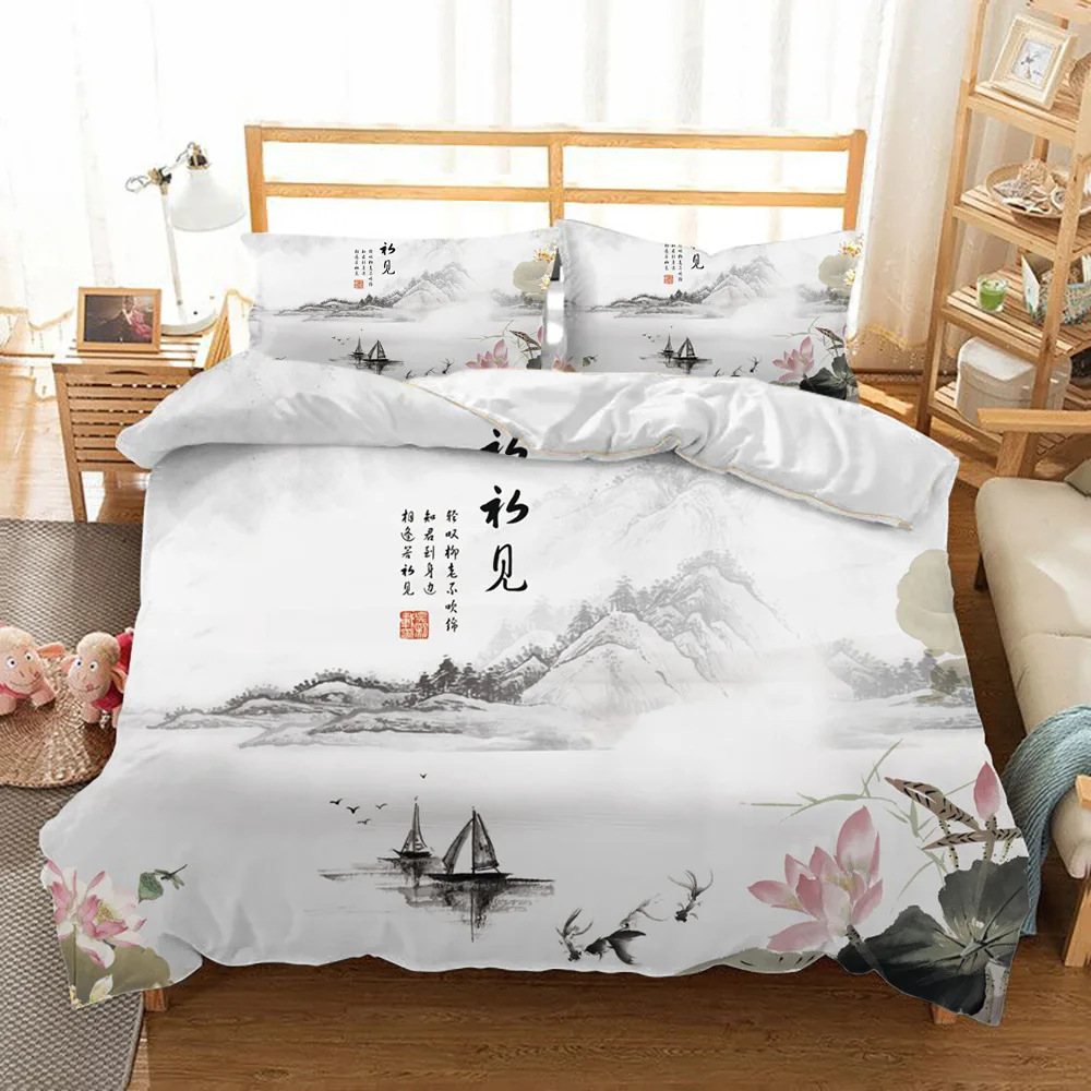 

Nature Landscape Duvet Cover King/Queen Size,Chinese Ink Painting Style Bedding Set Mountain River 2/3pcs Polyester Quilt Cover