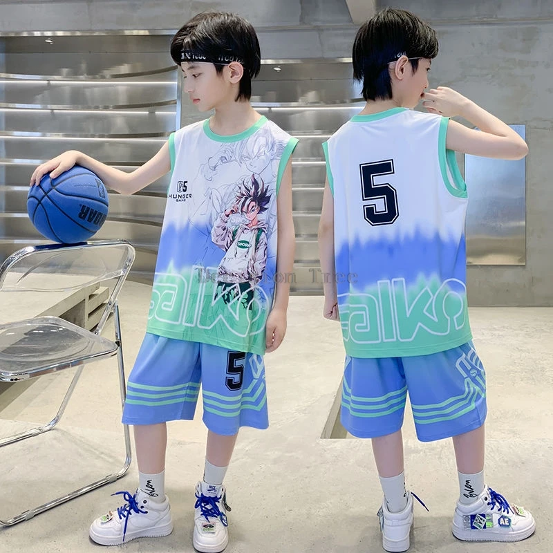 2024 quick dry ice silk fabric boys basketball uniform chinese thin cool sleeveless sports set fashionable leisure ball garment