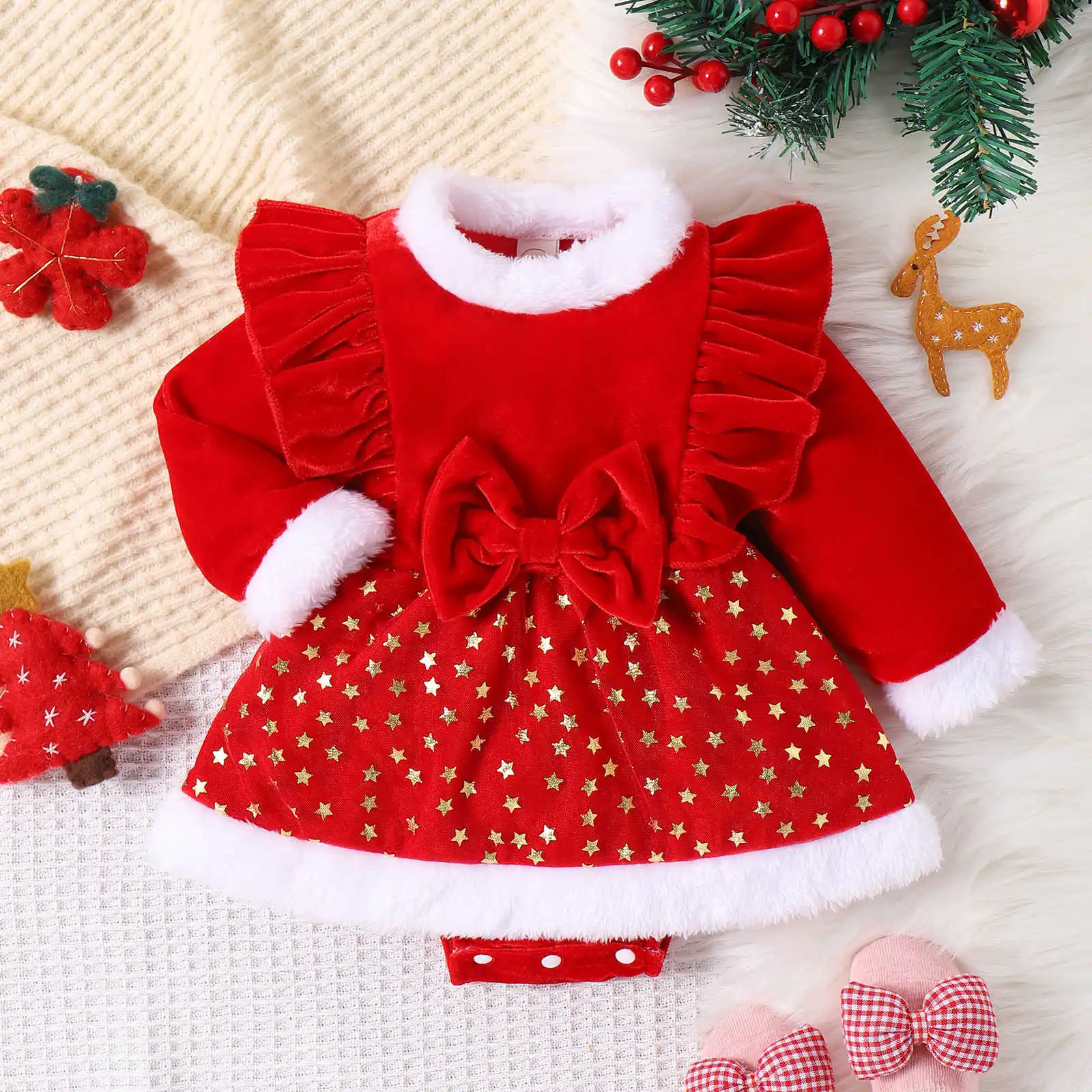 Girls Casual Dresses Europe Beautiful Winter Golden Velvet Bow Knot Sequin Splicing Plush Childrens Clothing Red