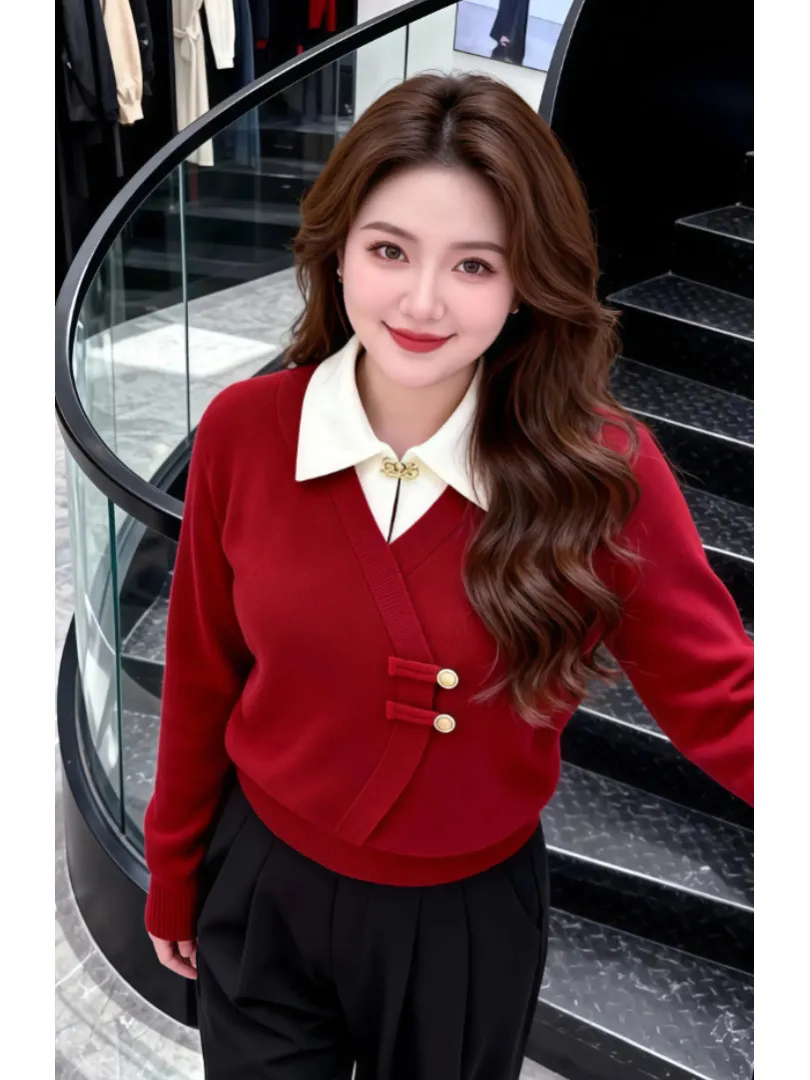 

Красный вязаный свитер Ele: модный повседневный свободный крой для женщин, весна-осень, новинка, омолаживающий эффект, трикотаж