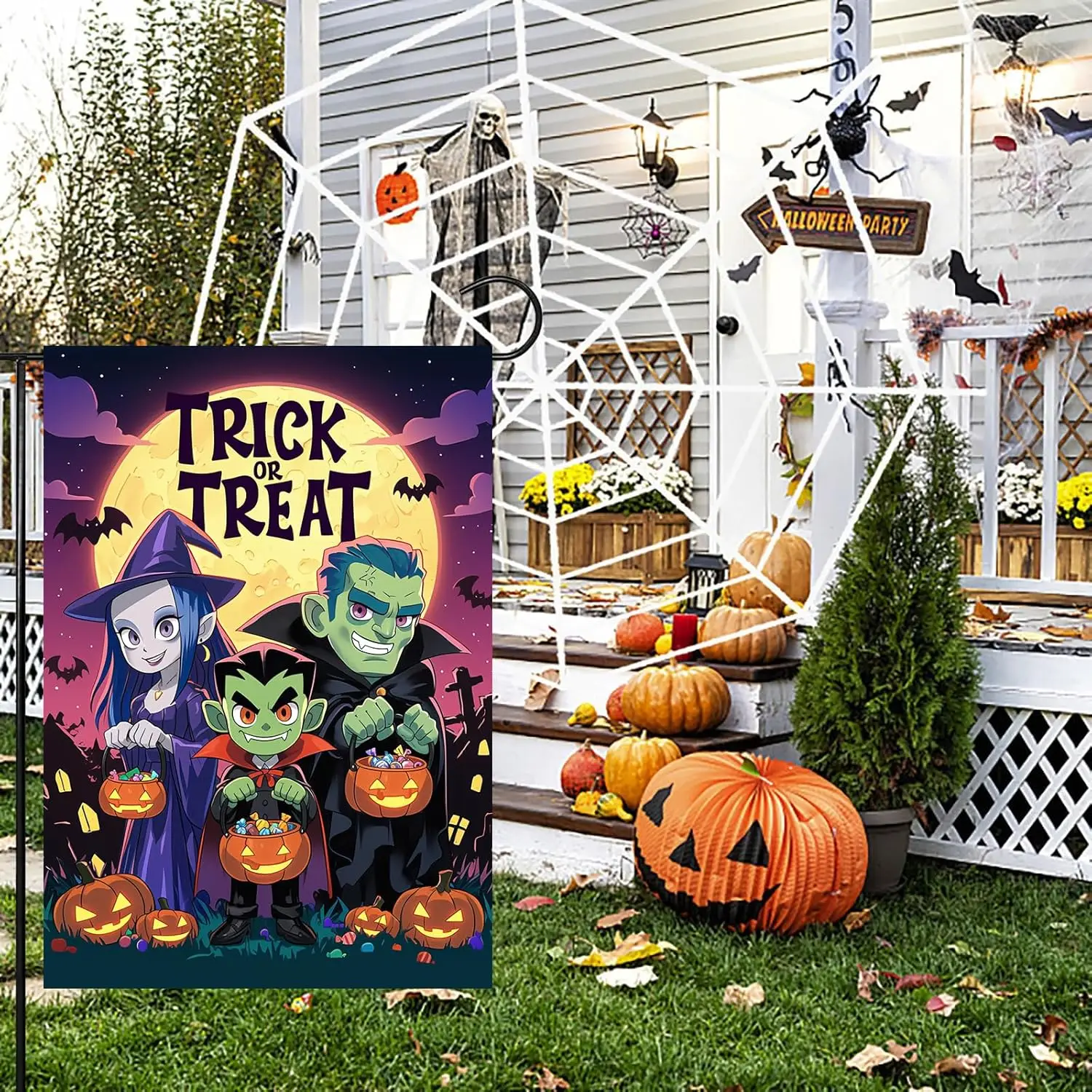 Halloween Pumpkin Trick or Treat Garden Flag 12 x 18 Inch Double Sided,Vampire Bat Full Moon Holiday Samll Yard Outdoor Decorati