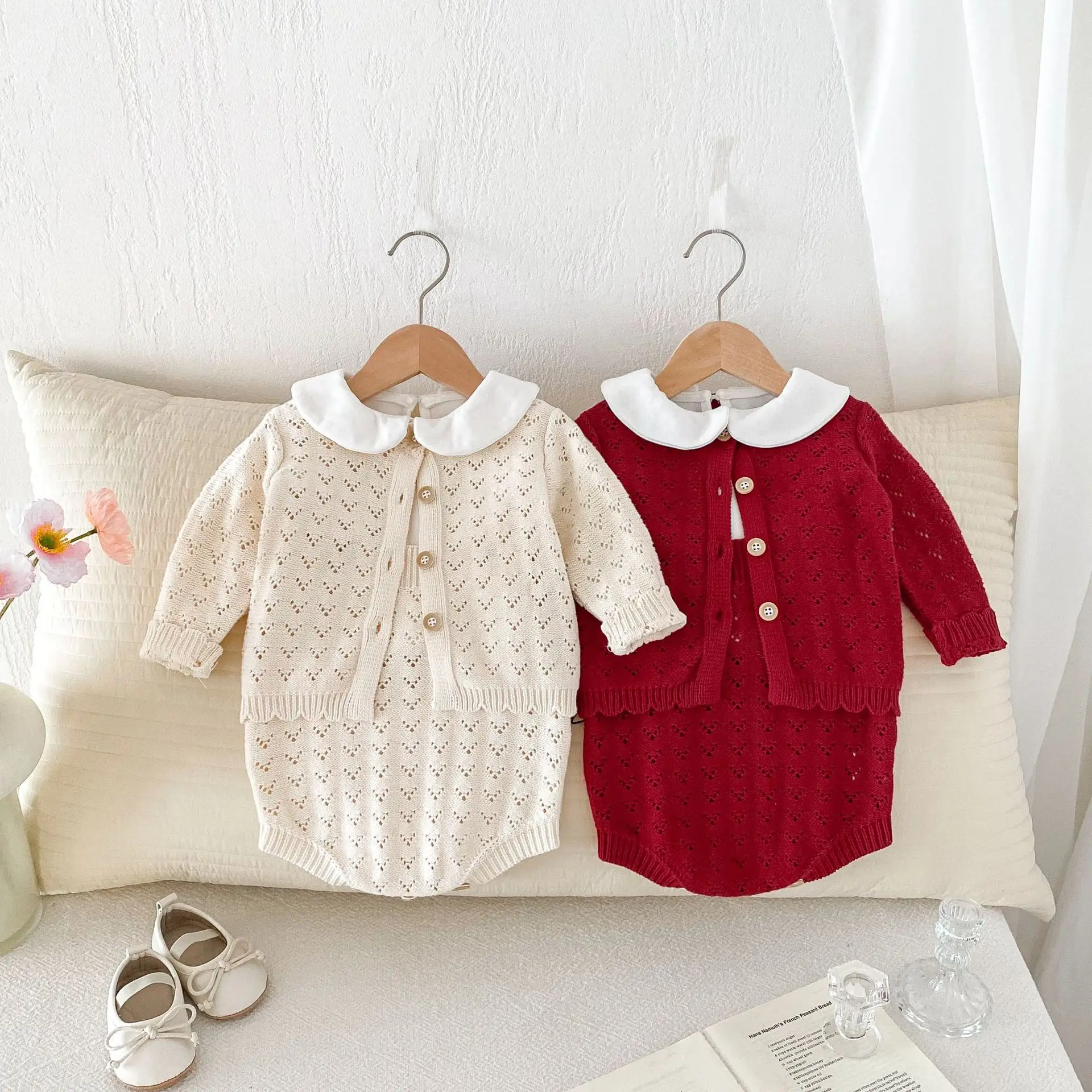 Autumn Infant Baby Girls 2PCS Clothes Set Cotton Knitted Solid Coat Loose Suspendet Rompers Suit Toddler Girls Outfits