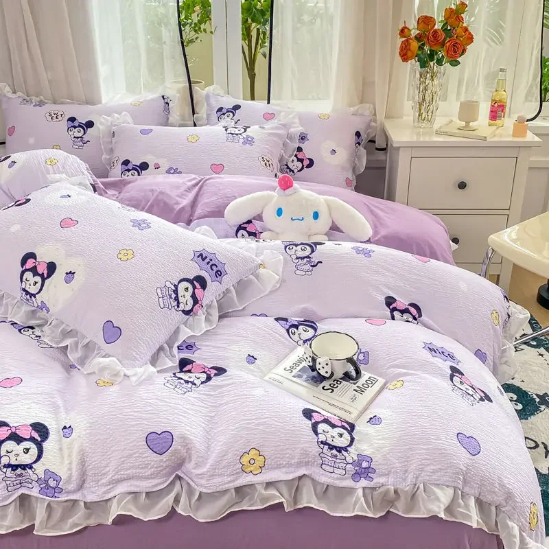 Sweet Kawaii Sanrio Anime Kuromi Pillow Quilt Cover Sheet Set Girl Heart Cute 3 4-piece Washed Cotton Bed Decoration Gifts