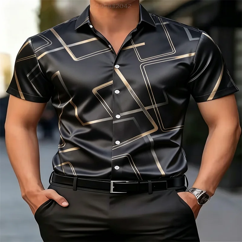 Men Elegant Silky Satin Short Sleeve Shirt Fashion Golden Geometric Print Button‑Up Business Casual Male Dress Tops