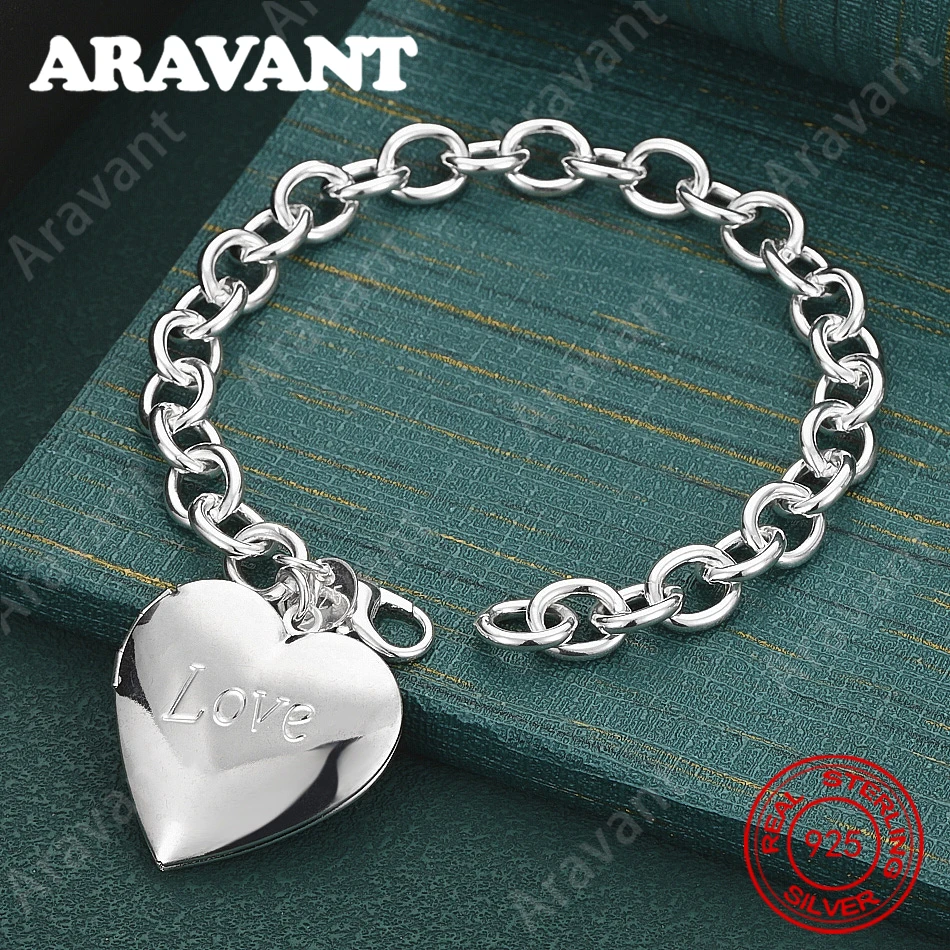 925 Sterling Silver Engraved Love Heart-Shaped Opening Box Photo Frame Pendant Bracelet For Women'S Banquet Jewelry