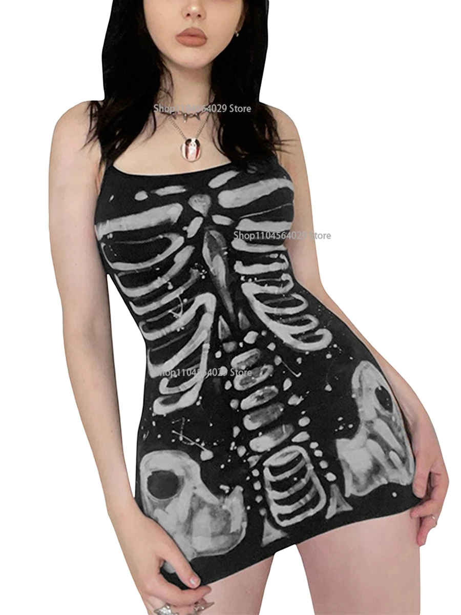 

Women Halloween Bodycon Dress Gothic Skull Skeleton Printed Strap Sleeveless Black Mini Tight Dresses y2k Party Club Cosplay