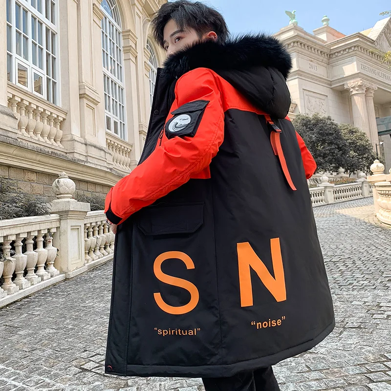 

Fashion 2023 Autumn Winter Men's Warm Mid Length Cotton-Padded Jackets Streetwear Long Thicken Parkas Youth Windproof Down Coats