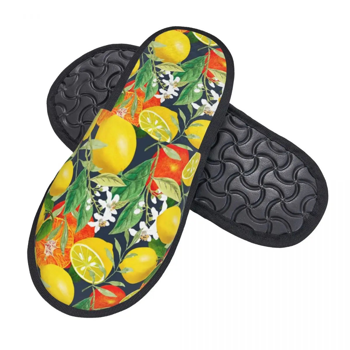 Custom Mediterranean Summer Floral Lemons Fruit House Slippers Women Comfy Memory Foam Slip On Hotel Slipper Shoes