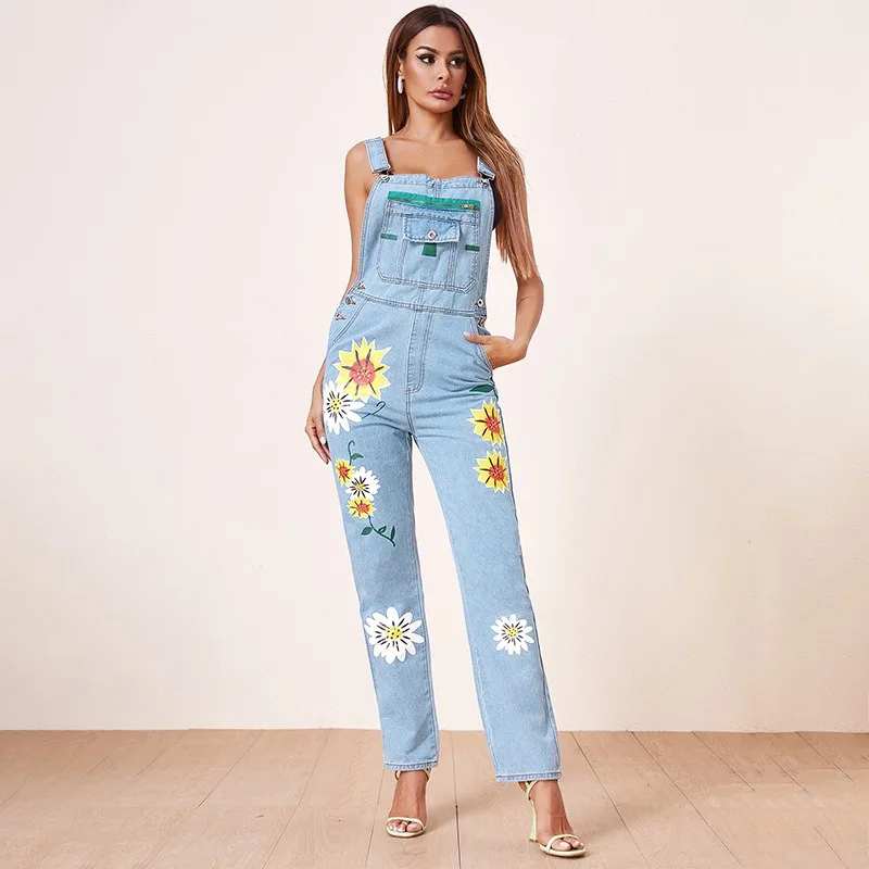 Women s Floral Print Denim Overalls Sleeveless Adjustable Straps Pocket Design Casual Summer Jumpsuit for Women S-4XL