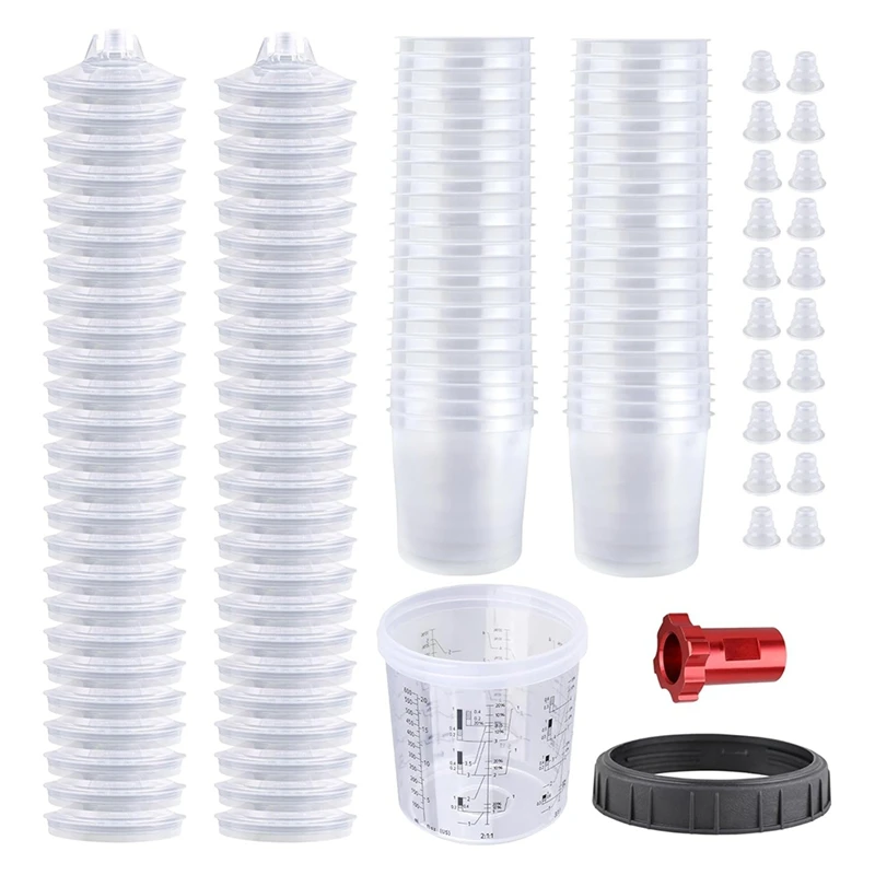 Paint Guncup, 20 Oz (600 Ml) Set, With 50 Cup & Lid System, 10 Plugs & 1 Hard Cup With Retainer Ring, 1 Cup Adapter