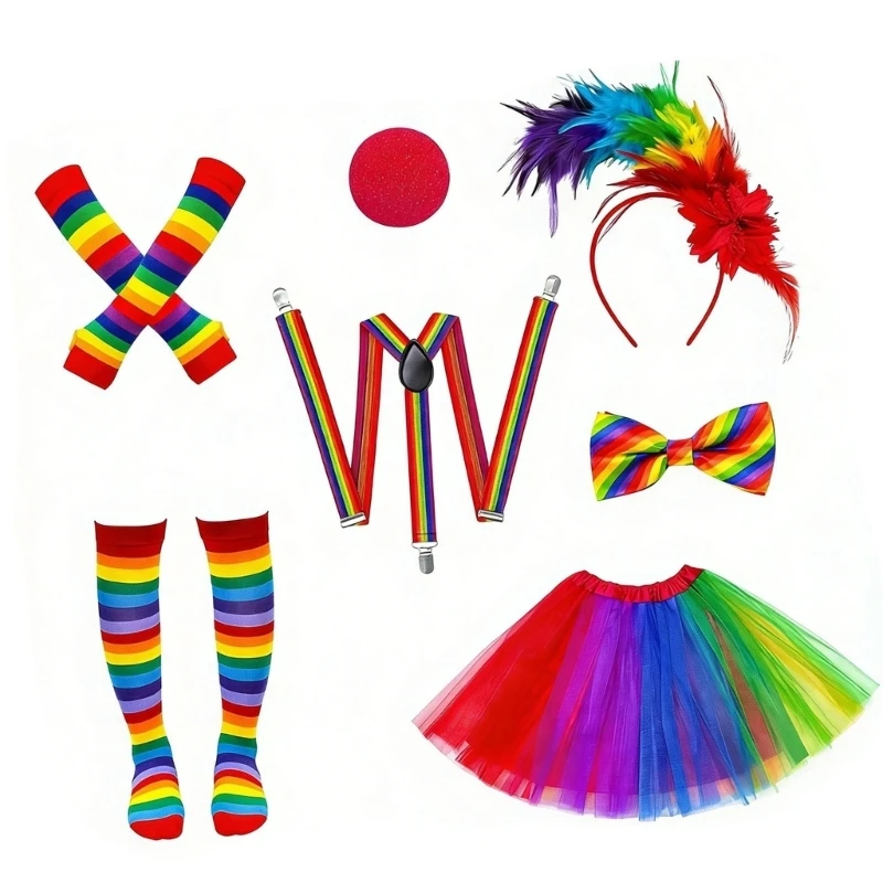 accessoires-costume-clown-jupe-tutus-arc-en-ciel-gants-chaussettes-bretelles-nœud-papillon