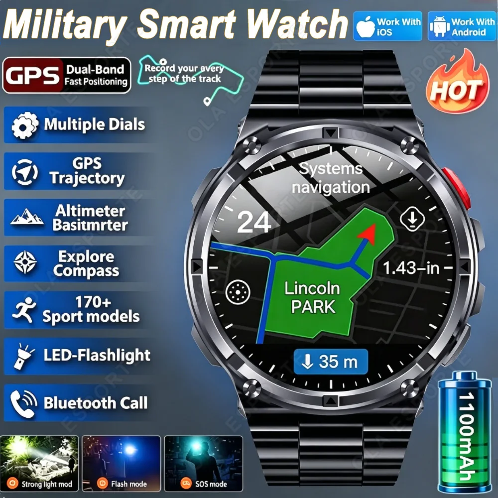 Novo Relógio Inteligente Ultra Durável de 1100mAh para Homens, GPS Militar, Compasso, 10ATM à Prova d'Água, Chamadas Bluetooth HD, Relógio Esportivo H