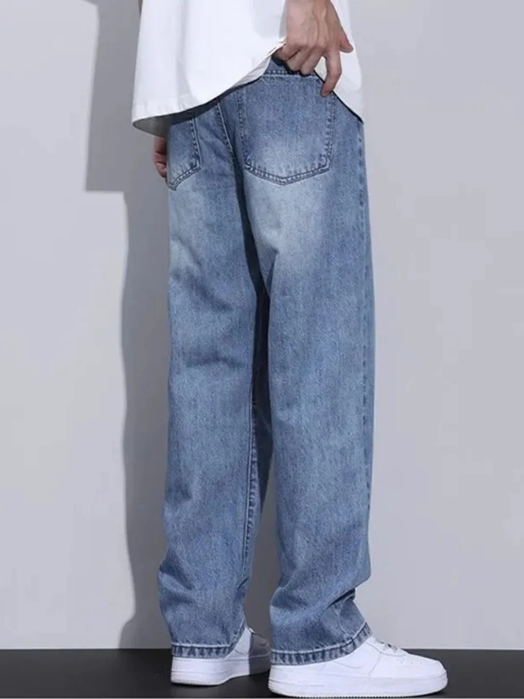 صيف 2025 جينز رجالي غير رسمي مستقيم الساق ملابس عمل مرنة متينة فضفاضة تناسب سراويل تقليدية عالية تمتد الدنيم تنفس #1