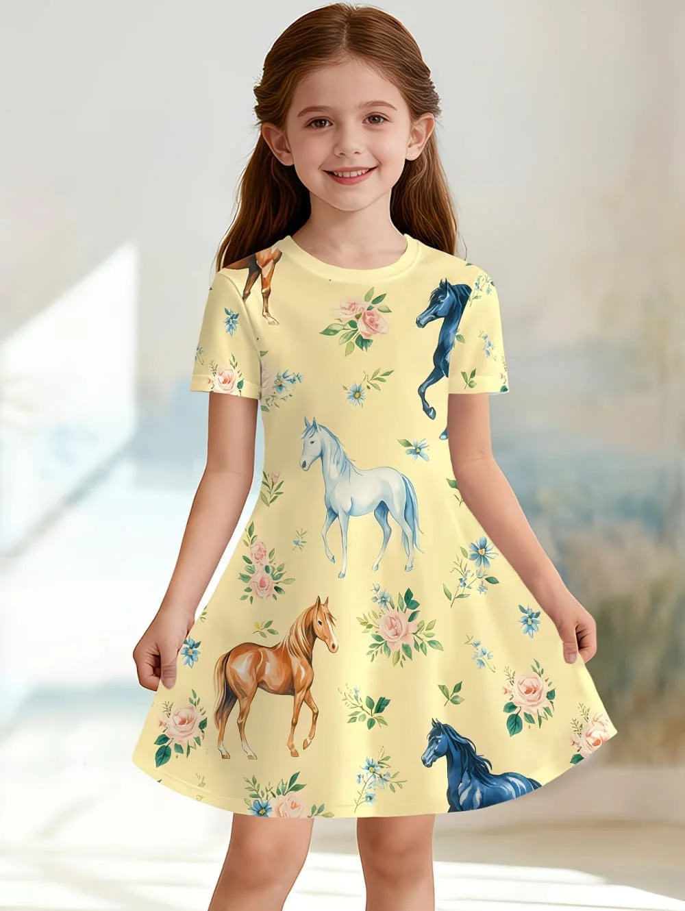 Children's Clothing Girl Cute Funny Animal Horse 3D Printed Graphic Summer Dresses Comfortable Crew Neck Clothes Dress for Girls